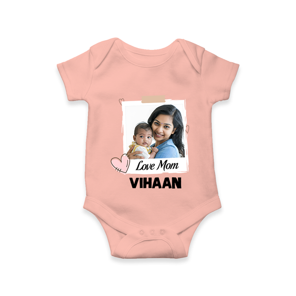 Love Mom Personalized Baby ROMPER Set – Polaroid Style Custom Photo & Name Outfit - PEACH - New Born (Chest 14")