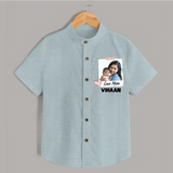 Love Mom Personalized Baby SHIRT – Polaroid Style Custom Photo & Name Outfit - ARCTIC BLUE - 0 - 6 Months Old (Chest 23")