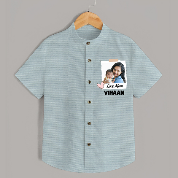 Love Mom Personalized Baby SHIRT – Polaroid Style Custom Photo & Name Outfit - ARCTIC BLUE - 0 - 6 Months Old (Chest 23")