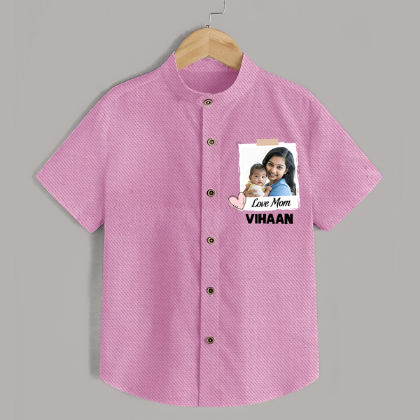 Love Mom Personalized Baby SHIRT – Polaroid Style Custom Photo & Name Outfit - BABY PINK - 0 - 6 Months Old (Chest 23")