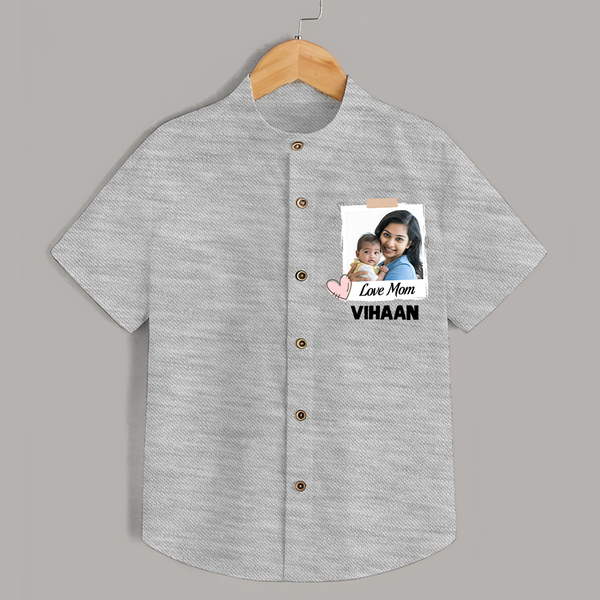 Love Mom Personalized Baby SHIRT – Polaroid Style Custom Photo & Name Outfit - GREY - 0 - 6 Months Old (Chest 23")