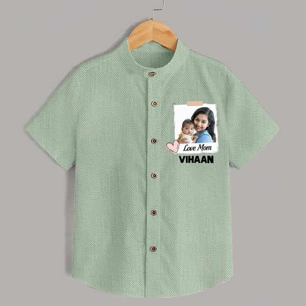 Love Mom Personalized Baby SHIRT – Polaroid Style Custom Photo & Name Outfit - MINT GREEN - 0 - 6 Months Old (Chest 23")