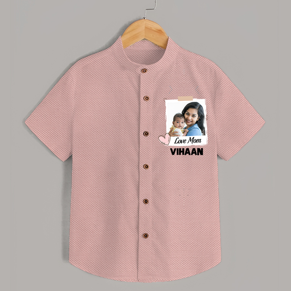 Love Mom Personalized Baby SHIRT – Polaroid Style Custom Photo & Name Outfit - PEACH - 0 - 6 Months Old (Chest 23")