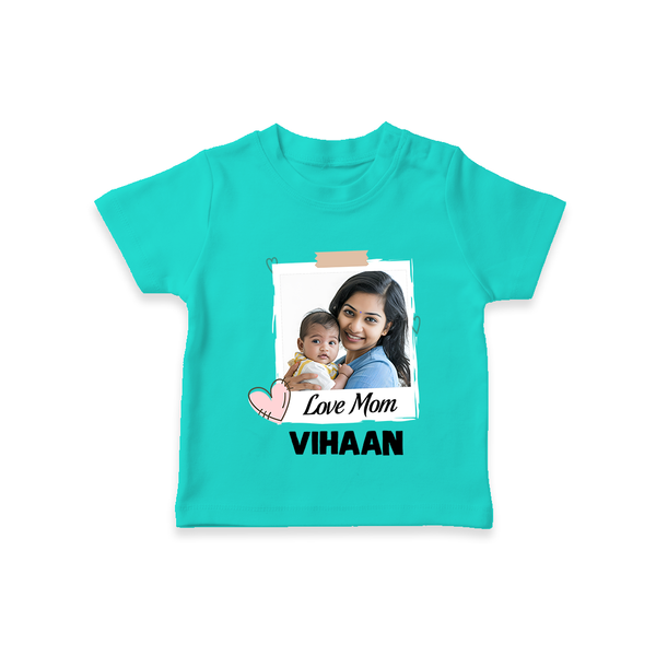 Love Mom Personalized Baby T-SHIRT – Polaroid Style Custom Photo & Name Outfit - TEAL - 0-5 Months Old (Chest 17")