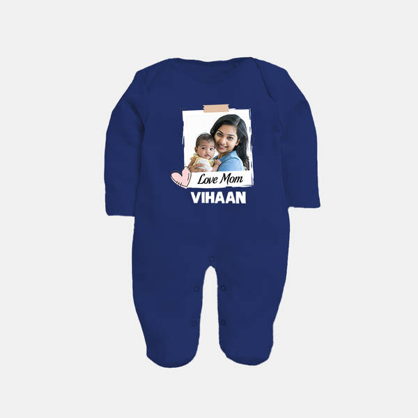 Love Mom Personalized Baby FULL BODY SUIT – Polaroid Style Custom Photo & Name Outfit - NAVY BLUE - New Born (Chest 7.5")