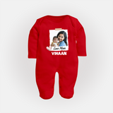 Love Mom Personalized Baby FULL BODY SUIT – Polaroid Style Custom Photo & Name Outfit - RED - New Born (Chest 7.5")