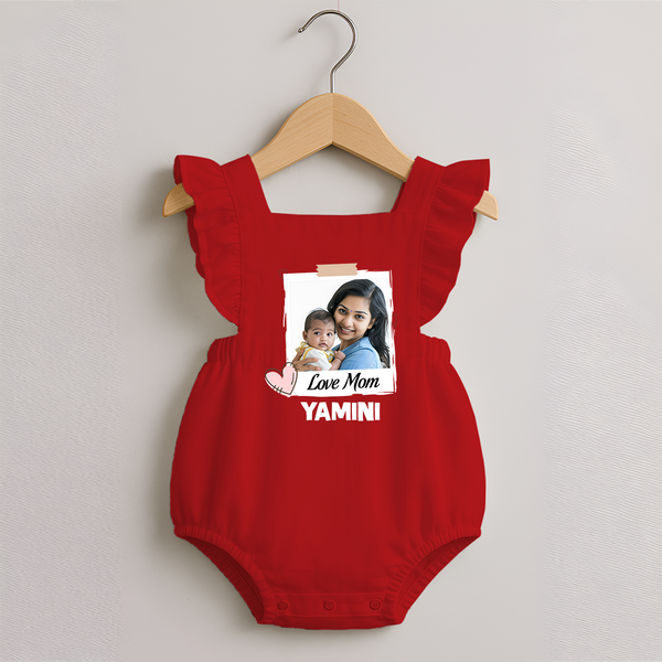 Love Mom Personalized Baby ROMPER FROCK – Polaroid Style Custom Photo & Name Outfit - RED - 0 - 3 Months Old (Chest 19")