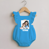 Love Mom Personalized Baby ROMPER FROCK – Polaroid Style Custom Photo & Name Outfit - SKY BLUE - 0 - 3 Months Old (Chest 19")