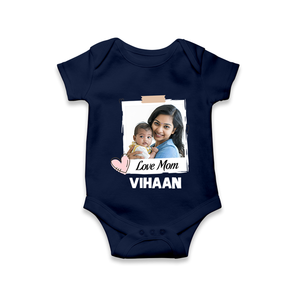 Love Mom Personalized Baby ROMPER Set – Polaroid Style Custom Photo & Name Outfit - NAVY BLUE - New Born (Chest 14")