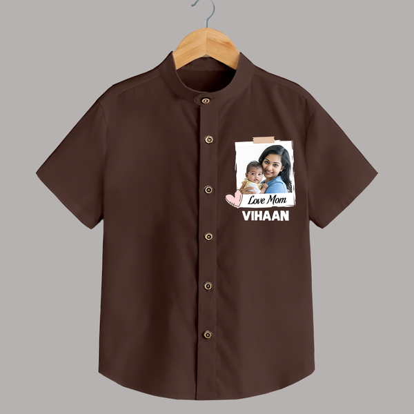 Love Mom Personalized Baby SHIRT – Polaroid Style Custom Photo & Name Outfit - CHOCOLATE BROWN - 0 - 6 Months Old (Chest 23")