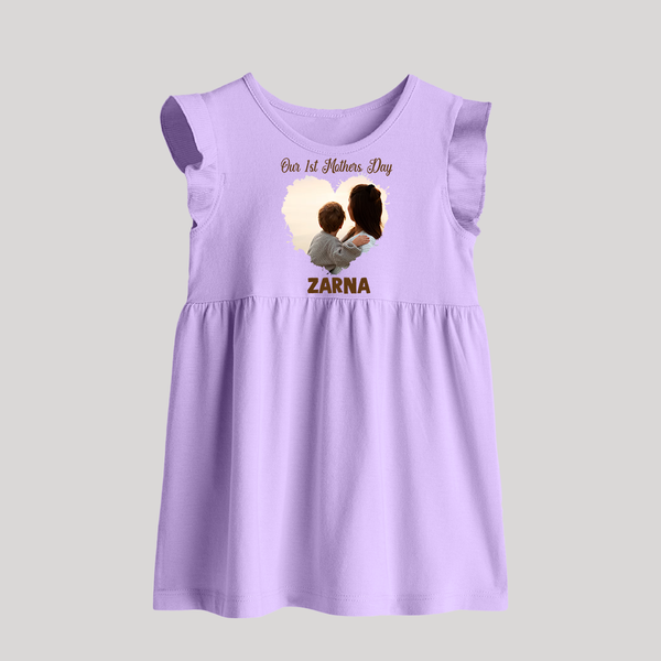 Our First Mother’s Day Personalized Baby BABY FROCK – Minimal Heart Photo Design (Custom Name) - LILAC - 0 - 3 Months Old (Chest 17")