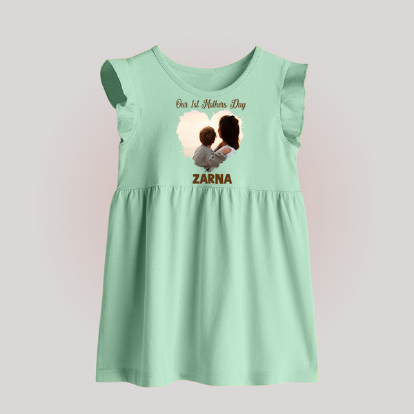 Our First Mother’s Day Personalized Baby BABY FROCK – Minimal Heart Photo Design (Custom Name) - MINT GREEN - 0 - 3 Months Old (Chest 17")
