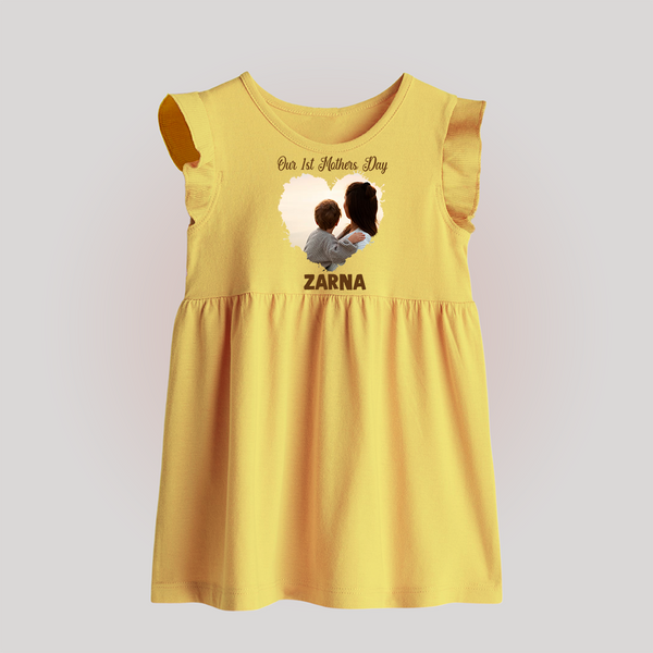 Our First Mother’s Day Personalized Baby BABY FROCK – Minimal Heart Photo Design (Custom Name) - PASTEL YELLOW - 0 - 3 Months Old (Chest 17")