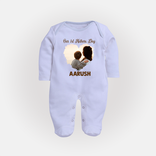 Our First Mother’s Day Personalized Baby FULL BODY SUIT – Minimal Heart Photo Design (Custom Name) - BABY BLUE - New Born (Chest 7.5")