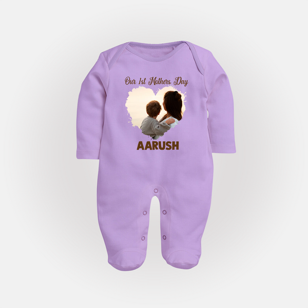 Our First Mother’s Day Personalized Baby FULL BODY SUIT – Minimal Heart Photo Design (Custom Name) - LILAC - New Born (Chest 7.5")