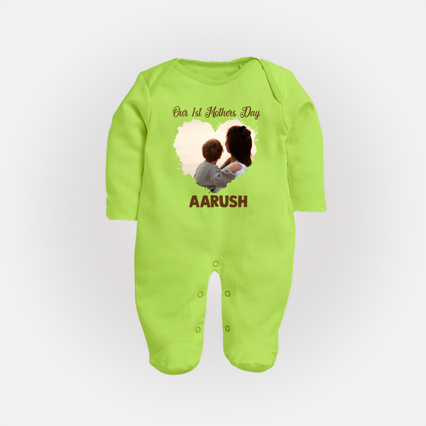 Our First Mother’s Day Personalized Baby FULL BODY SUIT – Minimal Heart Photo Design (Custom Name) - LIME GREEN - New Born (Chest 7.5")
