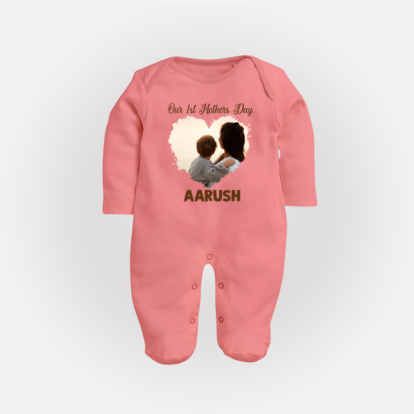 Our First Mother’s Day Personalized Baby FULL BODY SUIT – Minimal Heart Photo Design (Custom Name) - PEACH - New Born (Chest 7.5")
