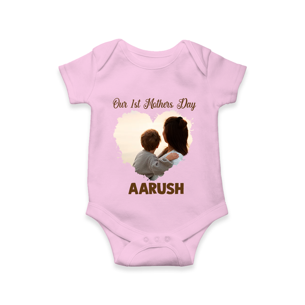 Our First Mother’s Day Personalized Baby ROMPER Set – Minimal Heart Photo Design (Custom Name) - BABY PINK - New Born (Chest 14")