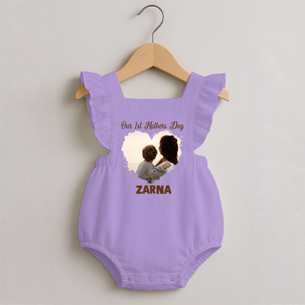 Our First Mother’s Day Personalized Baby ROMPER FROCK – Minimal Heart Photo Design (Custom Name) - LILAC - 0 - 3 Months Old (Chest 19")