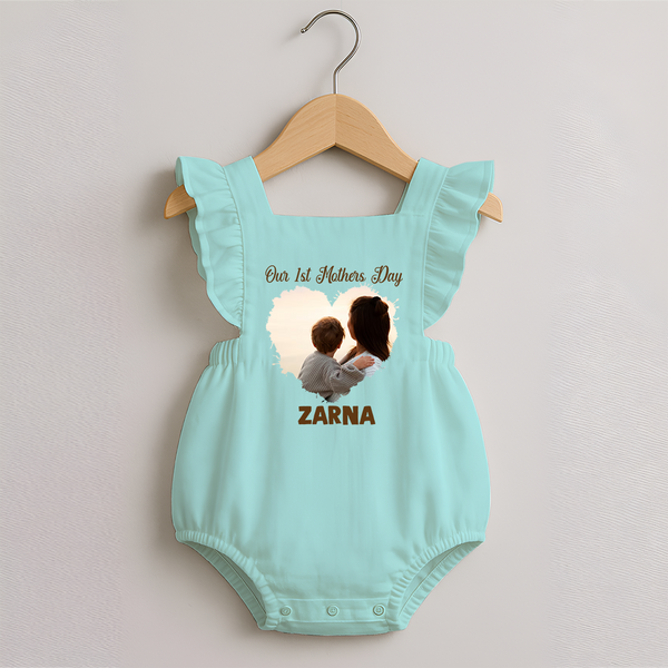 Our First Mother’s Day Personalized Baby ROMPER FROCK – Minimal Heart Photo Design (Custom Name) - MINT GREEN - 0 - 3 Months Old (Chest 19")
