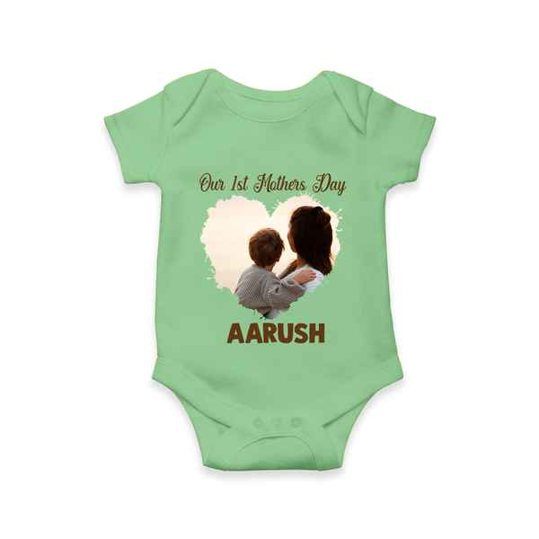 Our First Mother’s Day Personalized Baby ROMPER Set – Minimal Heart Photo Design (Custom Name) - GREEN - New Born (Chest 14")