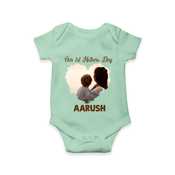 Our First Mother’s Day Personalized Baby ROMPER Set – Minimal Heart Photo Design (Custom Name) - MINT GREEN - New Born (Chest 14")
