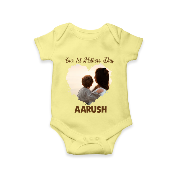 Our First Mother’s Day Personalized Baby ROMPER Set – Minimal Heart Photo Design (Custom Name) - PASTEL YELLOW - New Born (Chest 14")