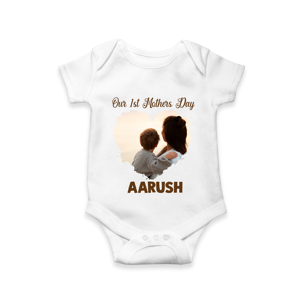 Our First Mother’s Day Personalized Baby ROMPER Set – Minimal Heart Photo Design (Custom Name) - WHITE - New Born (Chest 14")