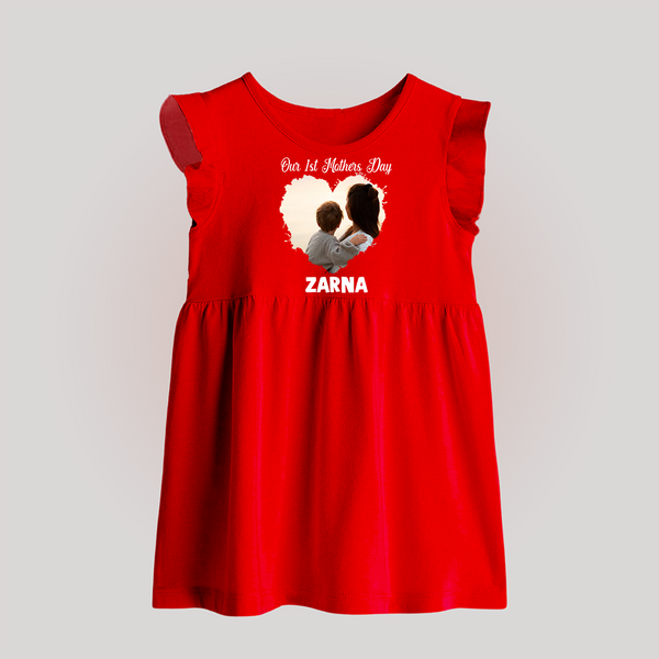 Our First Mother’s Day Personalized Baby BABY FROCK – Minimal Heart Photo Design (Custom Name) - RED - 0 - 3 Months Old (Chest 17")