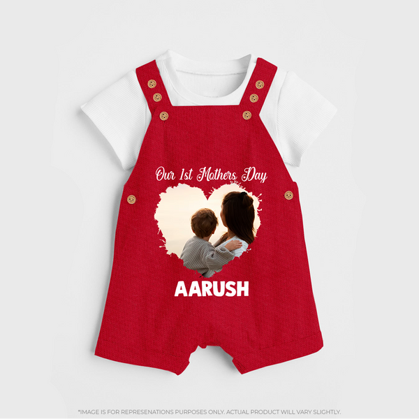 Our First Mother’s Day Personalized Baby DUNGAREESet – Minimal Heart Photo Design (Custom Name) - RED - 0 - 5 Months Old (Chest 18")
