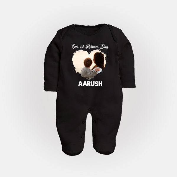 Our First Mother’s Day Personalized Baby FULL BODY SUIT – Minimal Heart Photo Design (Custom Name) - BLACK - New Born (Chest 7.5")