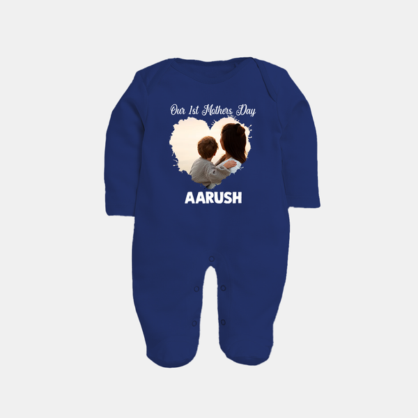 Our First Mother’s Day Personalized Baby FULL BODY SUIT – Minimal Heart Photo Design (Custom Name) - NAVY BLUE - New Born (Chest 7.5")
