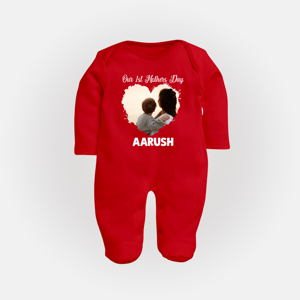 Our First Mother’s Day Personalized Baby FULL BODY SUIT – Minimal Heart Photo Design (Custom Name) - RED - New Born (Chest 7.5")