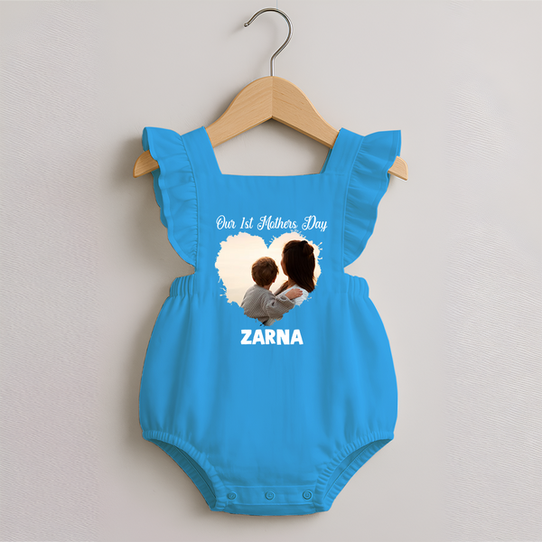 Our First Mother’s Day Personalized Baby ROMPER FROCK – Minimal Heart Photo Design (Custom Name) - SKY BLUE - 0 - 3 Months Old (Chest 19")