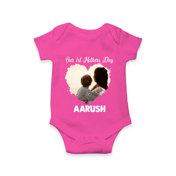 Our First Mother’s Day Personalized Baby ROMPER Set – Minimal Heart Photo Design (Custom Name) - HOT PINK - New Born (Chest 14")