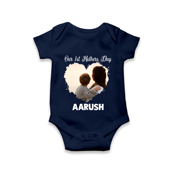 Our First Mother’s Day Personalized Baby ROMPER Set – Minimal Heart Photo Design (Custom Name) - NAVY BLUE - New Born (Chest 14")