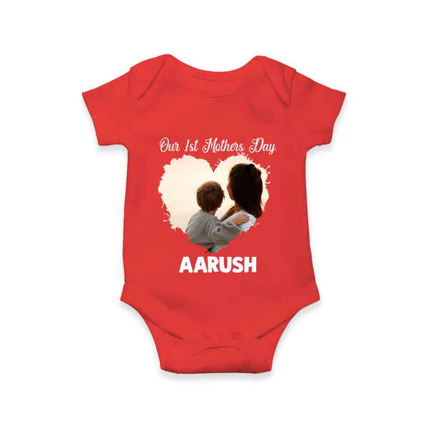 Our First Mother’s Day Personalized Baby ROMPER Set – Minimal Heart Photo Design (Custom Name) - RED - New Born (Chest 14")