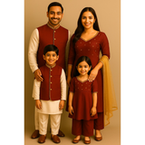 Family wearing coordinated maroon and cream raw silk ethnic outfits — father, mother, son, and daughter in matching Indian festive wear.