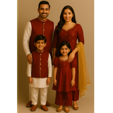 Family wearing matching maroon and cream raw silk outfits — father, mother, son, and daughter in coordinated traditional ethnic attire with golden accents.