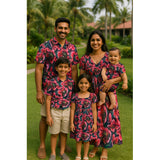 "Midnight Bloom Family Outfit Set – coordinated pink and purple floral outfits for dad, mom, boy, girl, and baby"