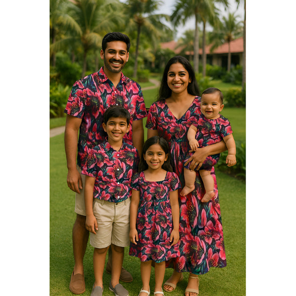 "Midnight Bloom Family Outfit Set – coordinated pink and purple floral outfits for dad, mom, boy, girl, and baby"