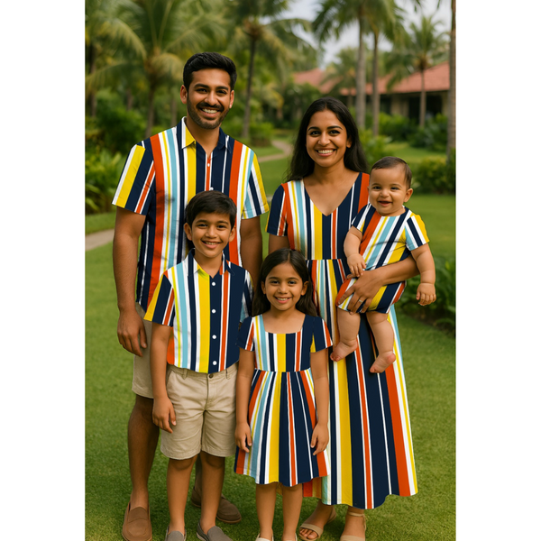 Indian family wearing matching bold multicolor stripe outfits – dad in shirt, mom in maxi dress, son in shirt, daughter in dress, baby in romper.
