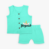 Customized Name Printed Jabla Set For Babies - AQUA GREEN - 0 - 3 Months Old (Chest 9.8")