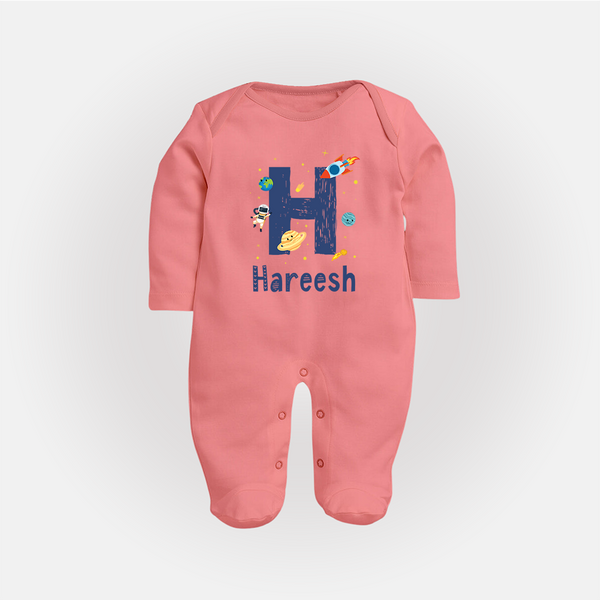 Soft Cotton Name Sleep Suit / Full Sleeve Bodysuit | Designed Just for Your Baby - PEACH - New Born (Chest 7.5")