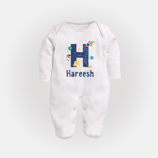 Soft Cotton Name Sleep Suit / Full Sleeve Bodysuit | Designed Just for Your Baby - WHITE - New Born (Chest 7.5")