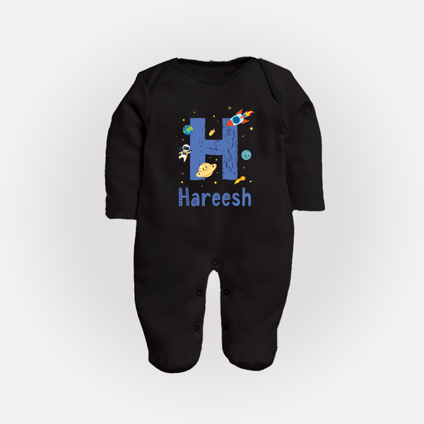 Soft Cotton Name Sleep Suit / Full Sleeve Bodysuit | Designed Just for Your Baby - BLACK - New Born (Chest 7.5")