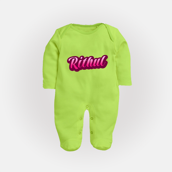 Tiny Name Big Style | Personalized Sleep Suit / Full Sleeve Bodysuit for Babies - LIME GREEN - New Born (Chest 7.5")