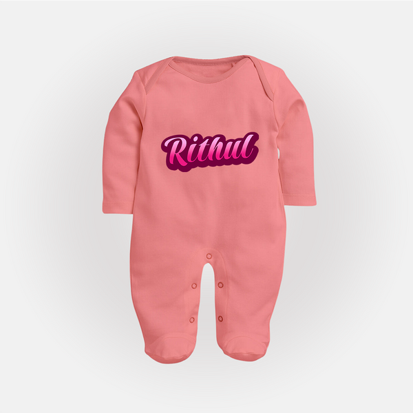 Tiny Name Big Style | Personalized Sleep Suit / Full Sleeve Bodysuit for Babies - PEACH - New Born (Chest 7.5")
