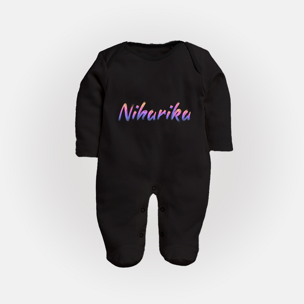 Personalized Name Sleep Suit / Full Sleeve Bodysuit | Your Baby's Name in Every Stitch - BLACK - New Born (Chest 7.5")