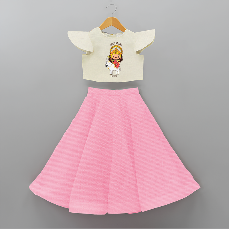 Celebrate This Navaratri With Goddess Shailaputri  - Customized Crop Top And Skirt For Kids - PINK - 6 - 9 Months Old (Chest 20" , Frock Waist 20")